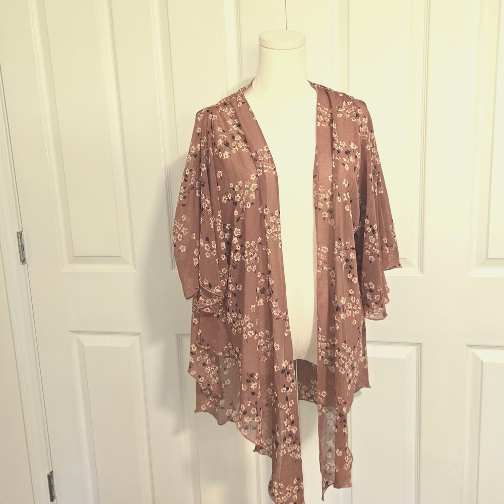 Impressions Kimono Wrap Women 1X Mauve Pink Floral Sheer Boho Ruffle Hem